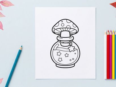 Mushroom potion bottle coloring page. Magic elixir jar with stars for kids activity.