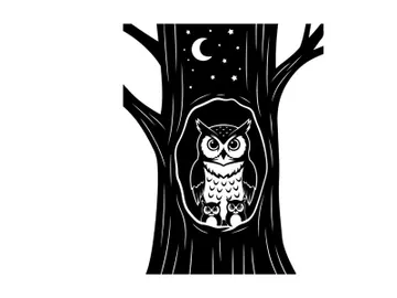 Owl silhouette in tree hollow under starry night sky silhouette preview picture