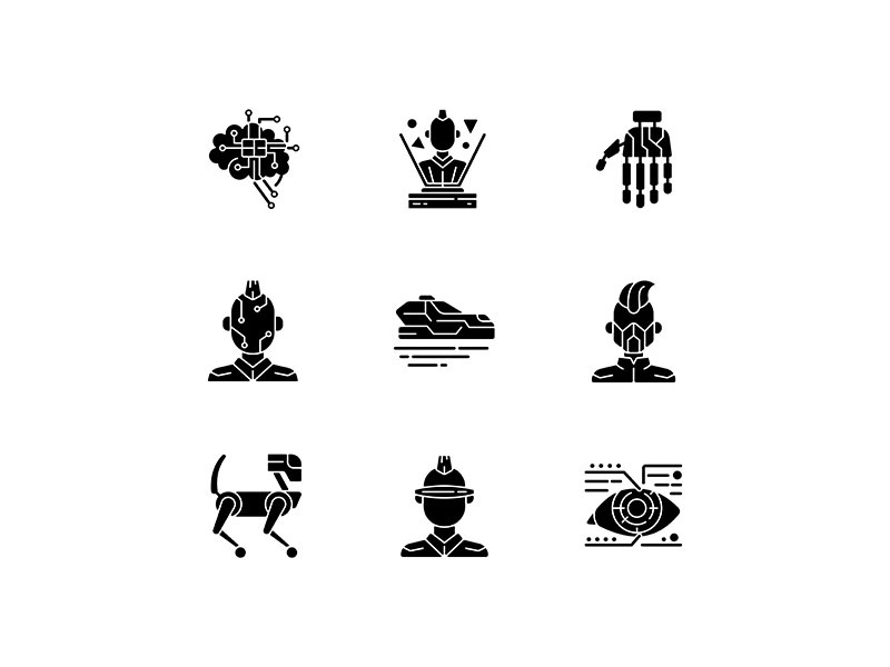 Cyberpunk attributes black glyph icons set on white space