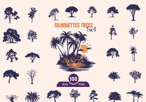 Silhouettes Trees Set, Pine Tree fir pruce cedar white patch alder elm birch ash cypress beech palm tree.