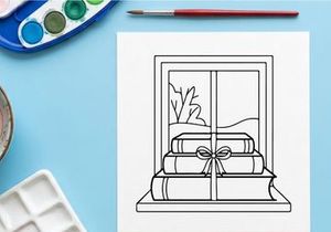 Christmas books gift stack on window sill, winter holiday coloring page illustration.