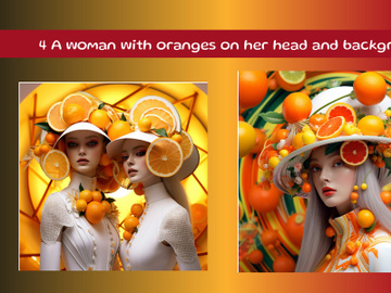 A woman with oranges on her head and background preview picture