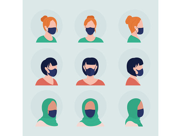 Women with black masks semi flat color vector character avatar set preview picture