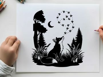 A fox in silhouette howls at the crescent moon silhouette preview picture