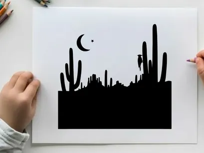 Desert night silhouette with cacti and moon