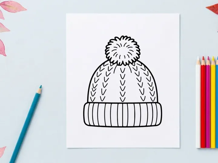 Ilustrasi seni garis topi musim dingin dengan pom pom untuk desain liburan Natal