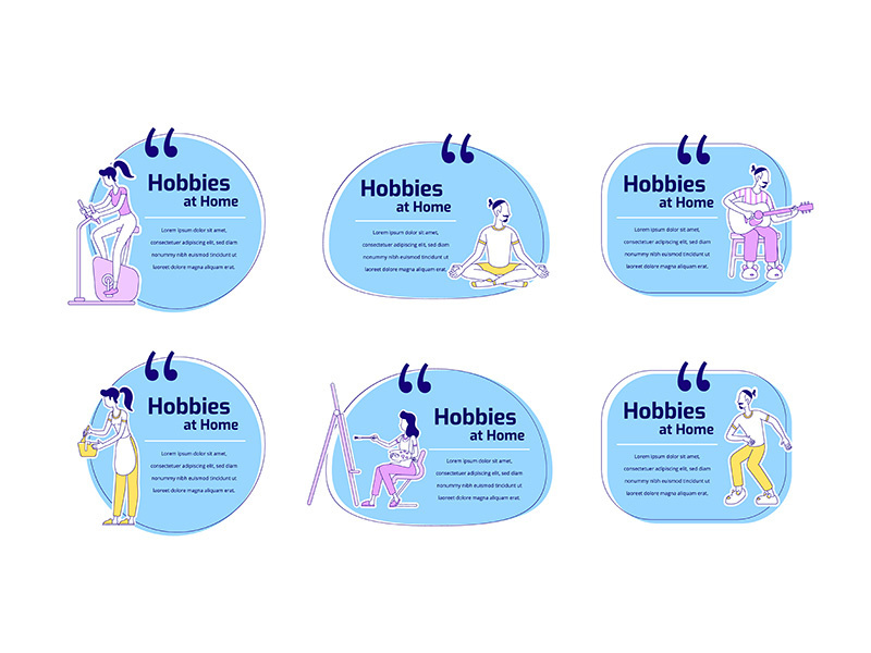 Hobbies at home flat color vector characters quotes set