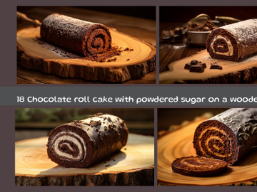 Chocolate roll cake with powdered sugar on a wooden board preview picture