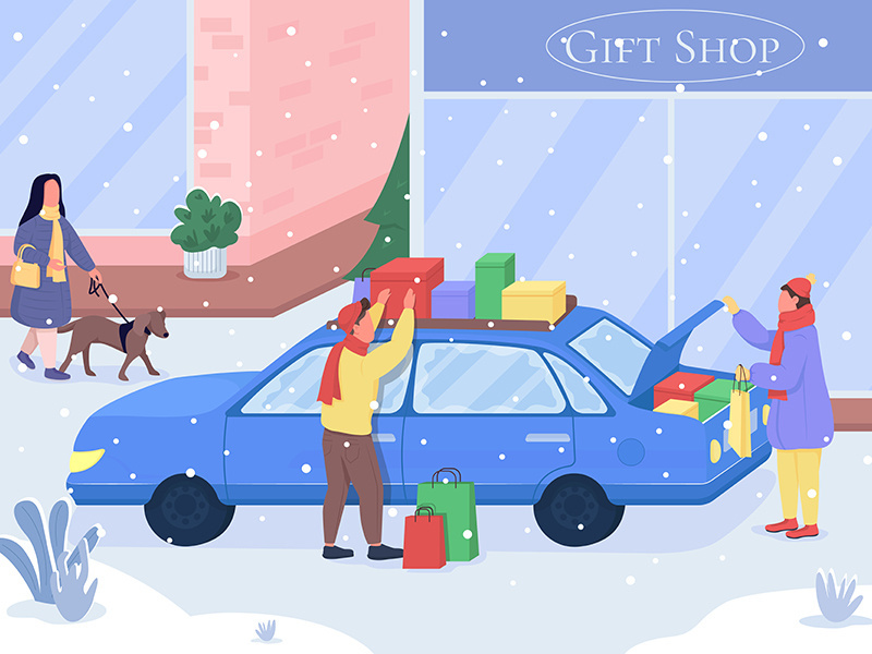 Shopping for Christmas gifts flat color vector illustration