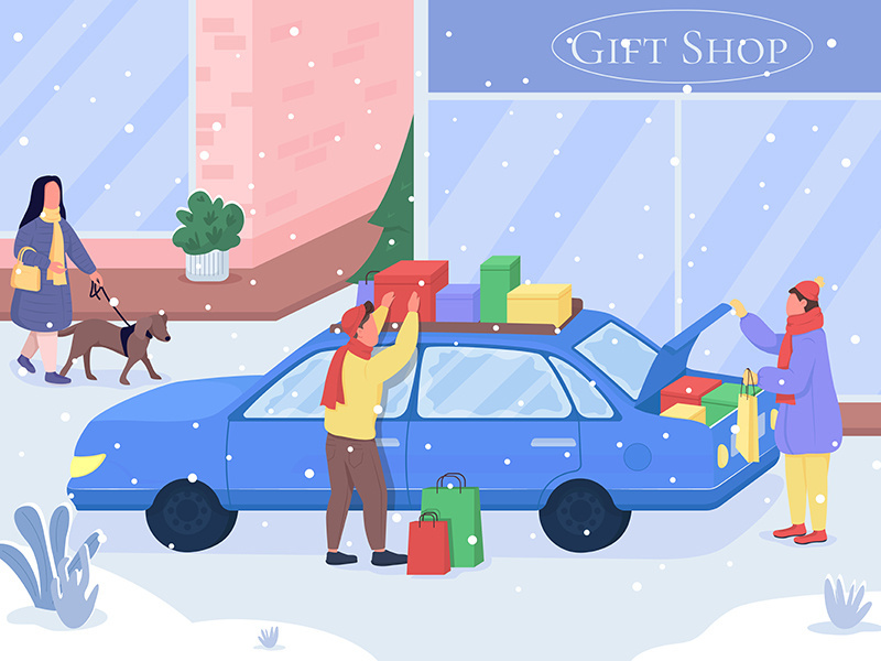 Shopping for Christmas gifts flat color vector illustration ~ EpicPxls