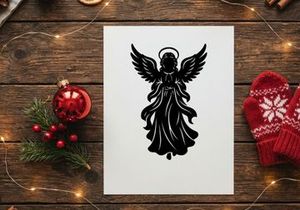 Black angel silhouette with wings and halo for spiritual or holiday themes
