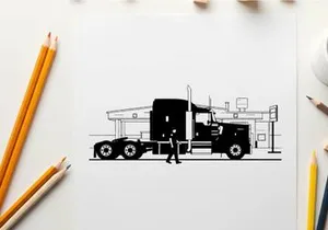 Silhouette of a man standing beside a large truck silhouette