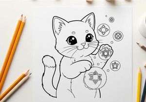 Cute cat with magic symbols vector illustration