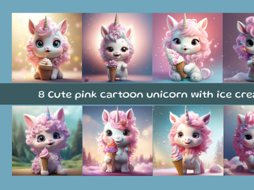 Cute pink cartoon unicorn with ice cream preview picture