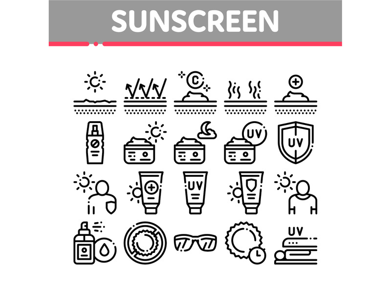 Sunscreen Collection Elements Icons Set Vector
