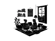 Couple and dog in living room with silhouette
