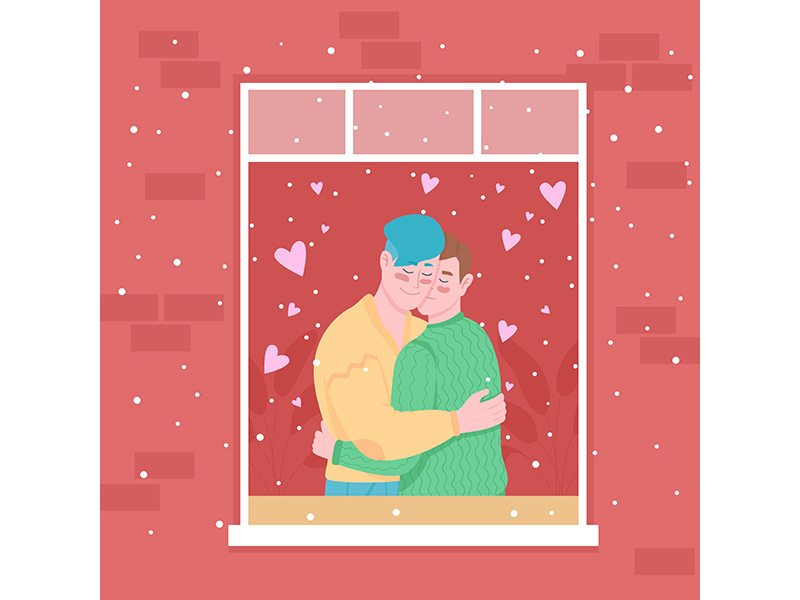 Gay couple in home window flat color vector illustration