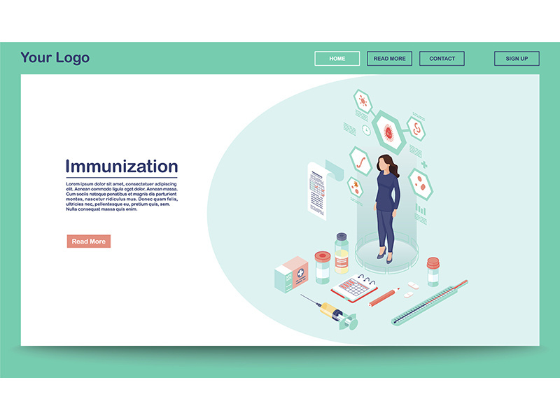 Immunization webpage vector template with isometric illustration