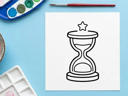 Jam Pasir dengan bintang bercahaya di atas untuk konsep manajemen waktu. Ikon timer minimalis yang melambangkan produktivitas dan tenggat waktu dalam warna hitam dan putih.