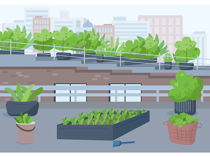 Rooftop gardening flat color vector illustration