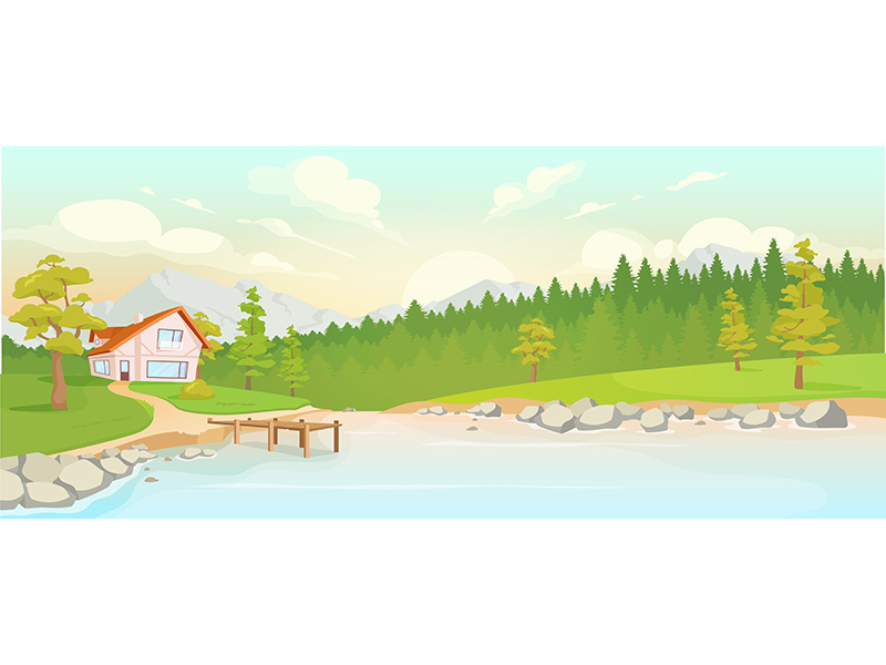 Country house next to river flat color vector illustration