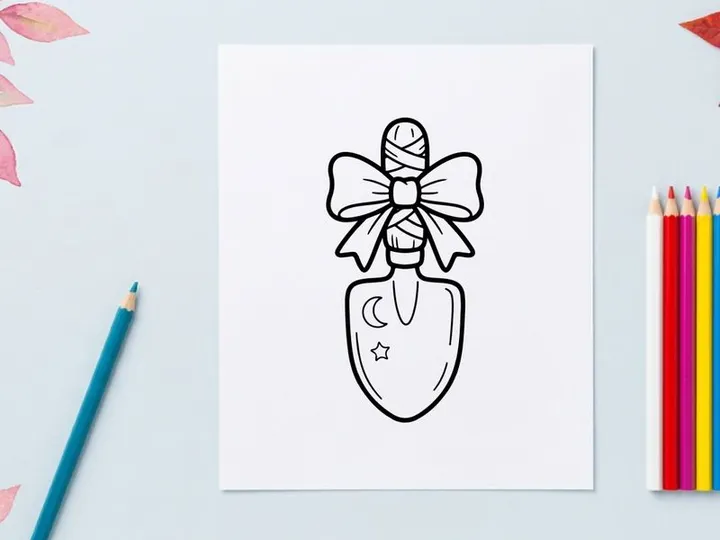 Botella de perfume dibujada a mano con sombrero de bruja de Halloween y moño. Ilustración cosmética espeluznante para branding de belleza brujeril y empaque estacional.