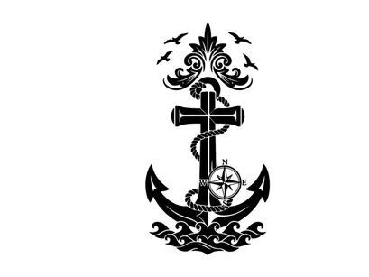 Nautical silhouette anchor cross compass birds sea waves