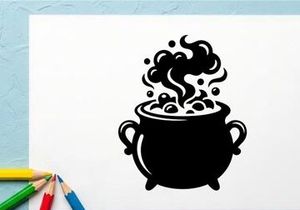 Black and White Coffee Cup Illustration with Steam Swirls