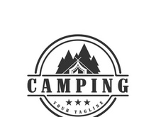 Pine trees and camping tent textured logo design vector illustration