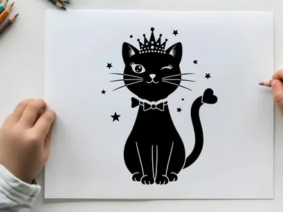 Regal silhouette cat in crown and bow tie with stars