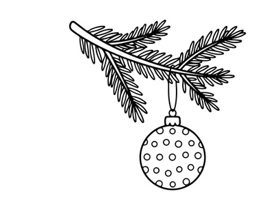 Christmas bauble hanging on a pine tree branch, hand drawn festive holiday line art.