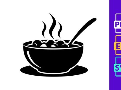 Hot soup bowl steaming spoon minimalist black white illustration