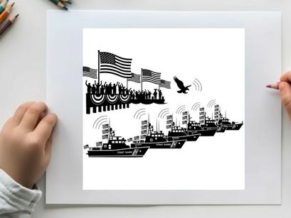 American patriotic silhouette of navy ships and flags