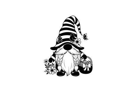 Silhouette of a whimsical garden gnome with flowers and hat