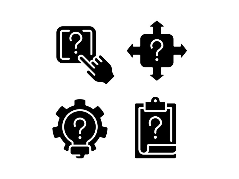 Questions and answers in technical support black glyph icons set