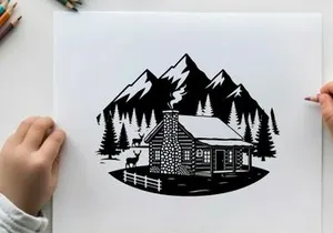 Cozy cabin silhouette in snowy mountain forest landscape
