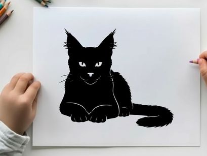 Silhouette of a black cat lying down looking forward