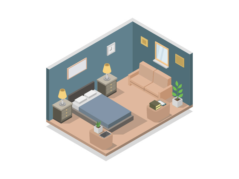 Illustrated isometric bedroom