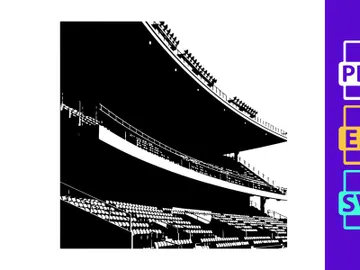 Black and white photograph of empty stadium seating with tiered stands preview picture