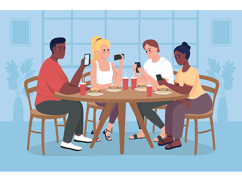 Students on mobile phones flat color vector illustration