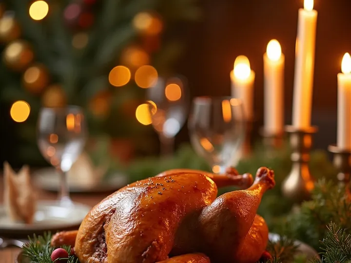 Festive dinner featuring a beautifully decorated Christmas table.