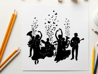 Silhouette of a lively band performing with musical notes and butterflies