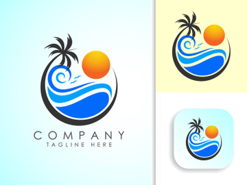 Beach logo design. Sun sunset sunrise with beach ocean sea water logo icon. preview picture