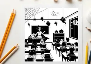 Halloween classroom scene with witch and silhouette of students