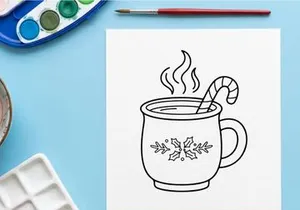 Taza de café navideña humeante con diseño de copo de nieve y agitador de bastón de caramelo