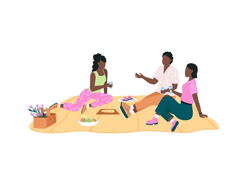 African american friend group on picnic flat color vector faceless characters