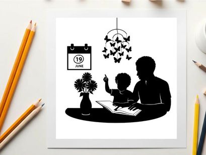 Silhouette of a man and child reading together on june 19th