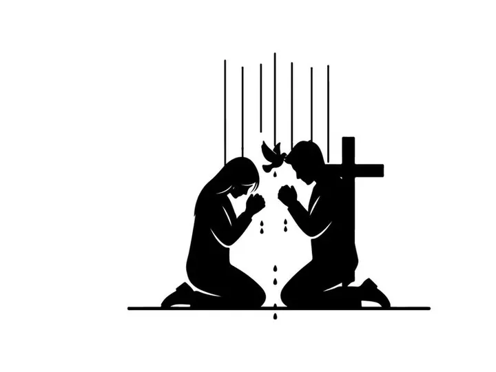 Silhouette of two praying figures by a cross with dove