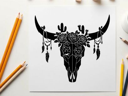 Bull skull silhouette with floral and cactus design