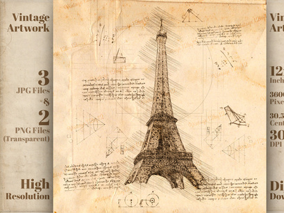 Eiffel Tower Paris, France in Vintage Steampunk Da Vinci Drawing Style